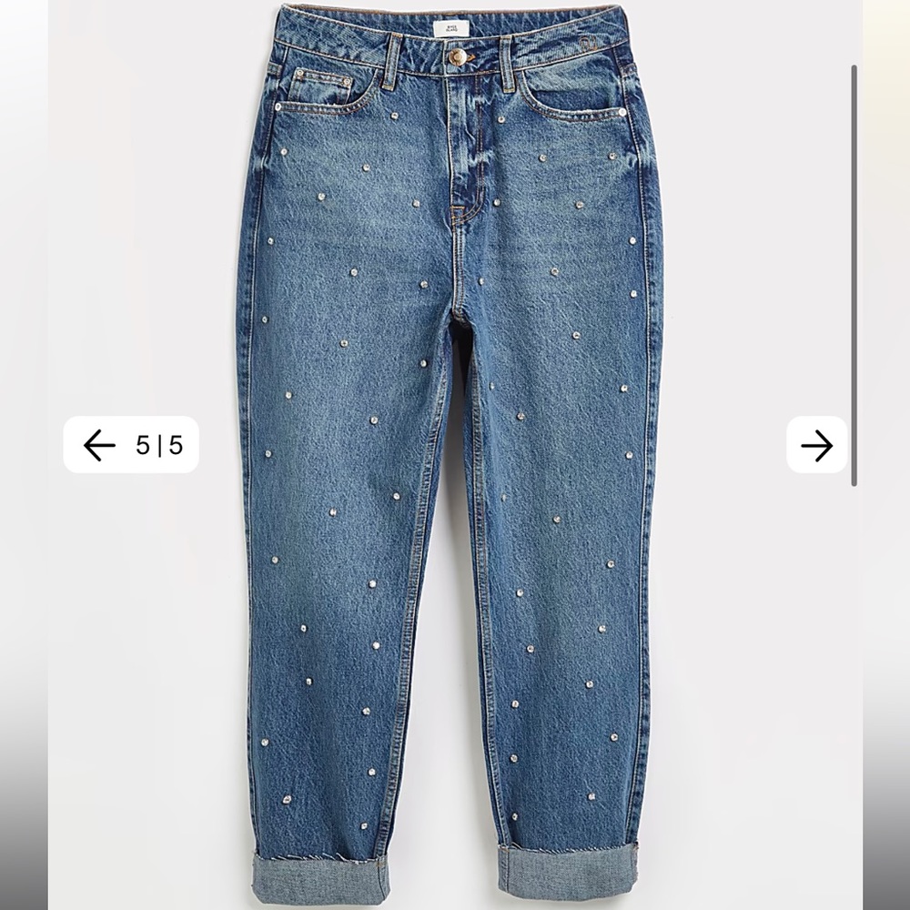 River Island Blue DIAMANTE HIGH WAISTED MOM JEANS with diamonds